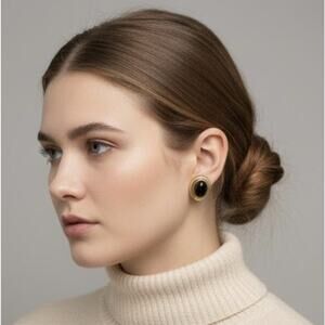 Vintage Monet Black & Gold Oval Stud Earrings